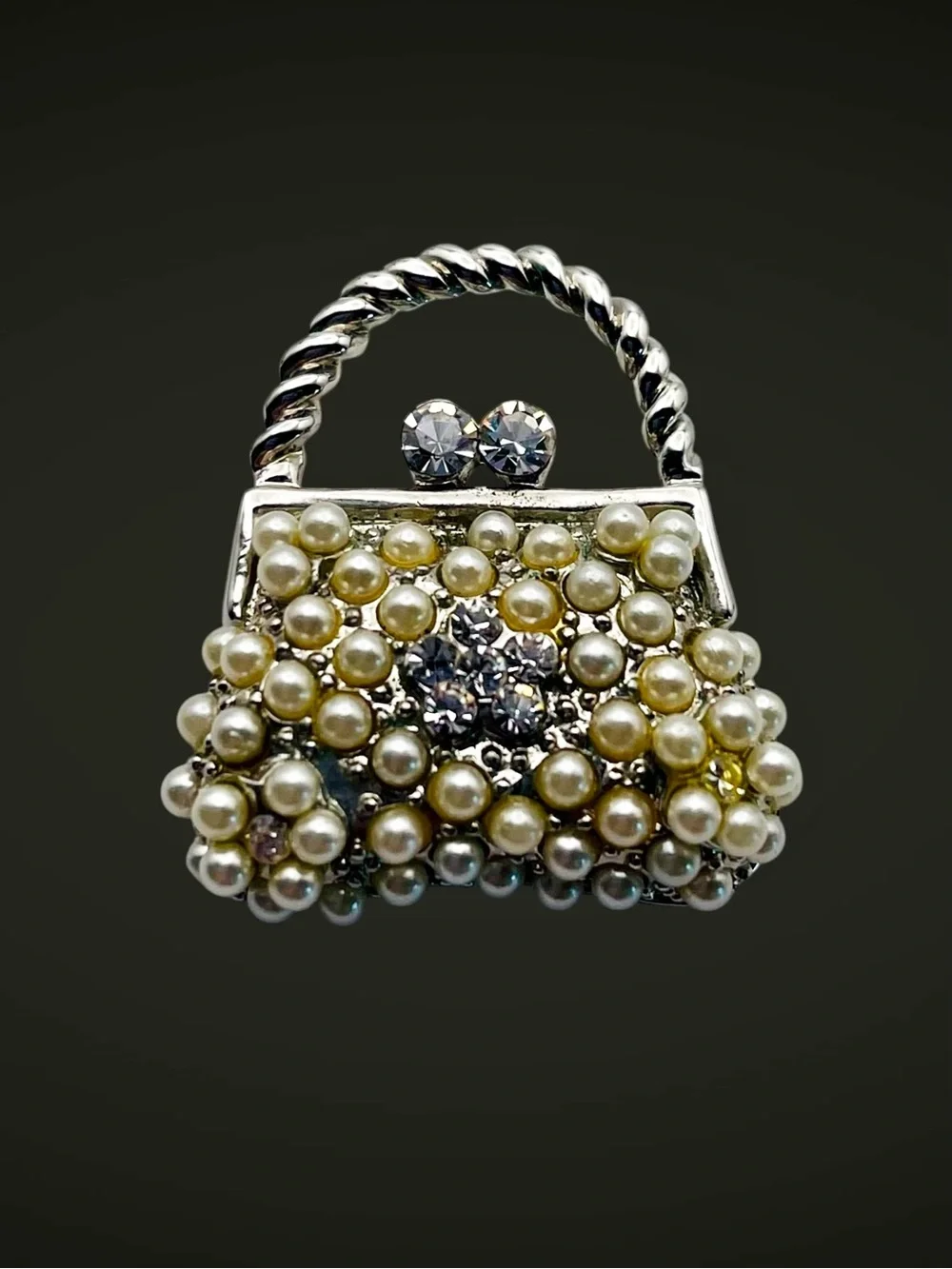 Dazzling Vintage Pearl and Rhinestone Purse Brooch Dainty Petite Estate Pc